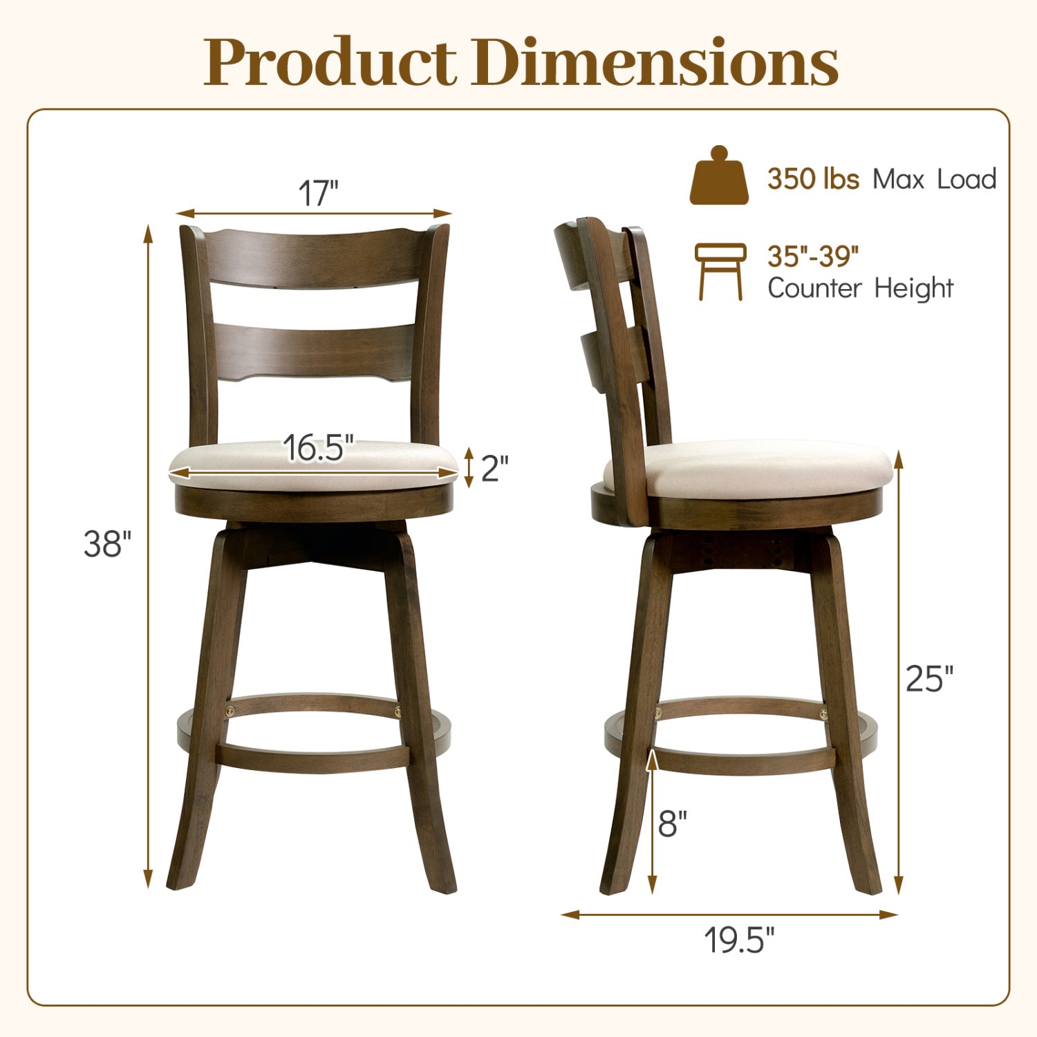 25 Inch Swivel Counter Barstools with Backrest & Upholstered Seat-Set of 4, Taupe Bar Stools at Gallery Canada