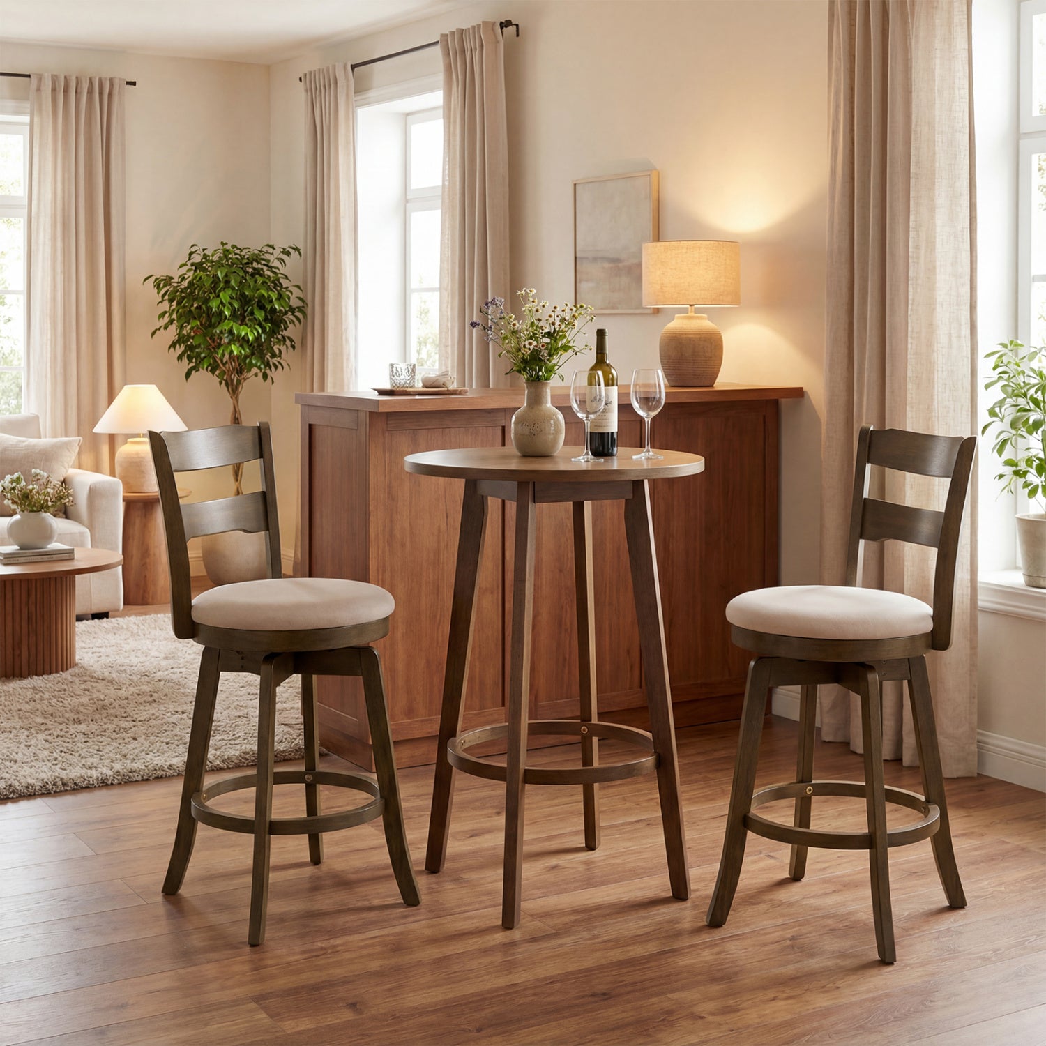 25 Inch Swivel Counter Barstools with Backrest & Upholstered Seat-Set of 2, Taupe Bar Stools at Gallery Canada
