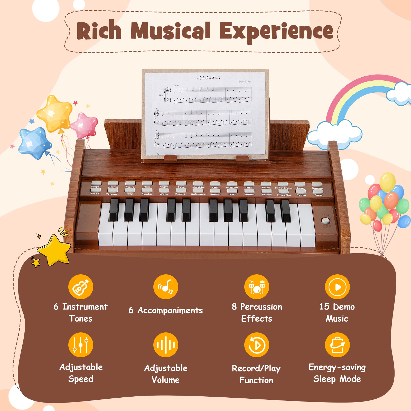 25 Keys Kids Piano Keyboard with Adjustable Speed and Volume, Brown Pianos & Keyboards at Gallery Canada