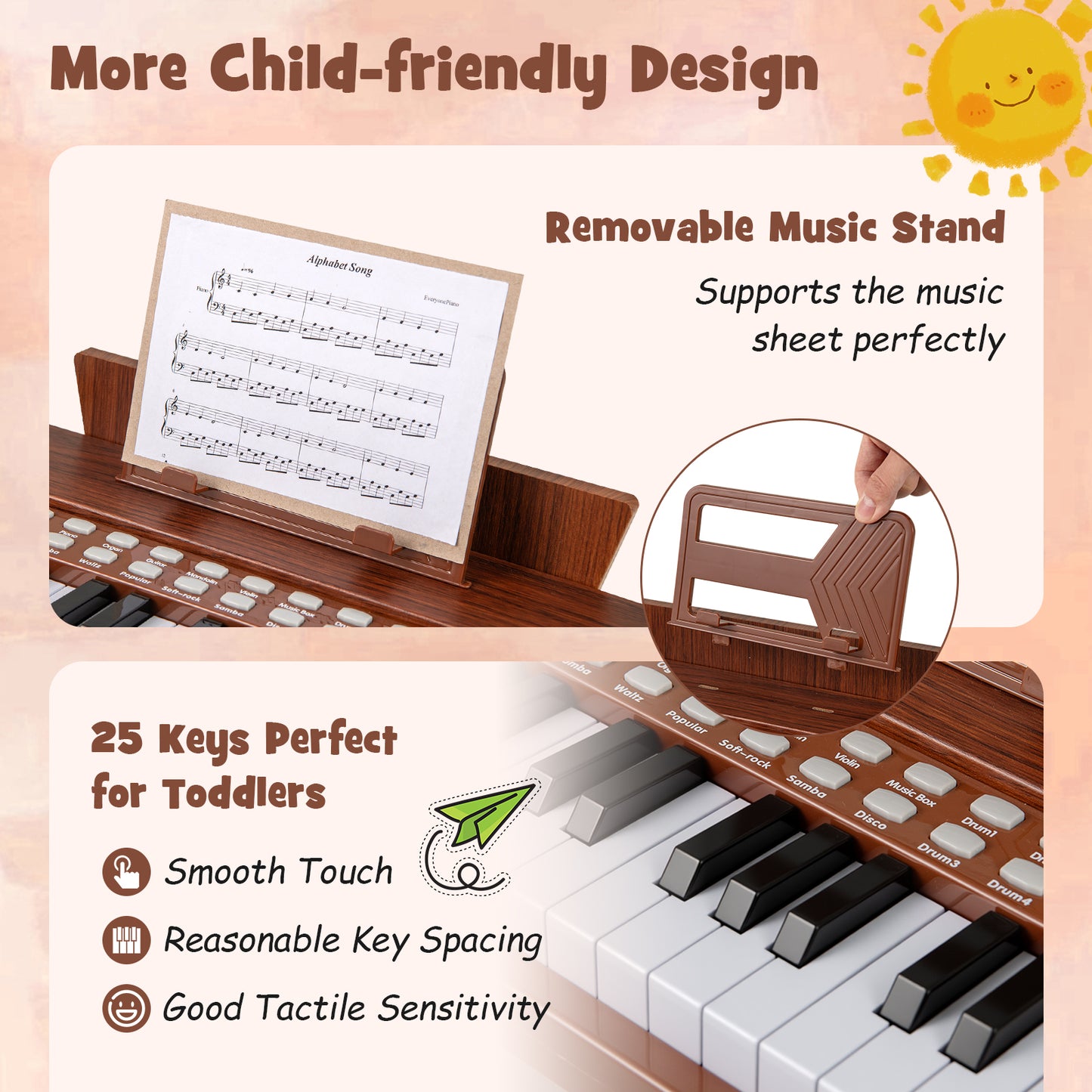 25 Keys Kids Piano Keyboard with Adjustable Speed and Volume, Brown Pianos & Keyboards at Gallery Canada