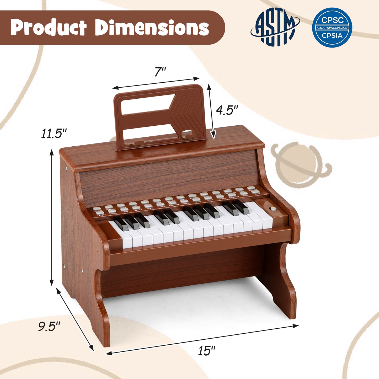 25 Keys Kids Piano Keyboard with Adjustable Speed and Teaching Mode, Brown Pianos & Keyboards at Gallery Canada