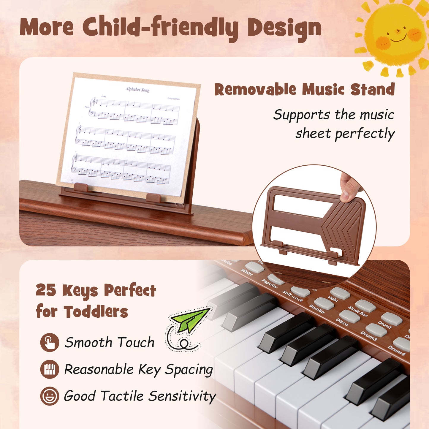 25 Keys Kids Piano Keyboard with Adjustable Speed and Teaching Mode, Brown Pianos & Keyboards at Gallery Canada