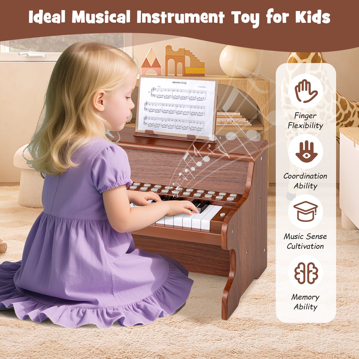 25 Keys Kids Piano Keyboard with Adjustable Speed and Teaching Mode, Brown Pianos & Keyboards at Gallery Canada