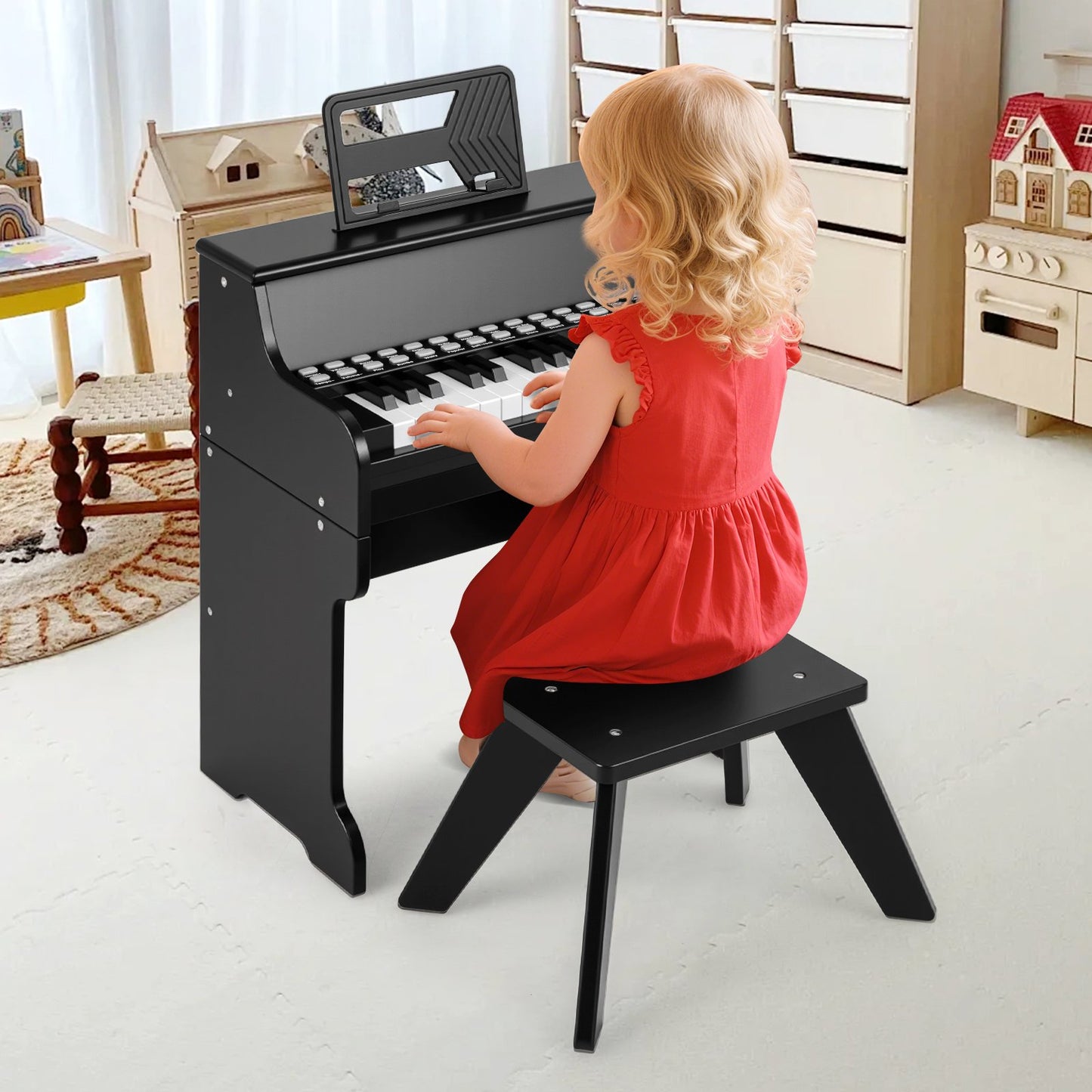 25 Keys Kids Piano Keyboard with Stool Mini Digital Piano Wooden Toy with Adjustable Speed and Volume, Black Pianos & Keyboards at Gallery Canada