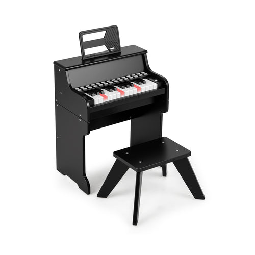 25 Keys Kids Piano Keyboard with Stool Mini Digital Piano Wooden Toy with Adjustable Speed and Volume, Black