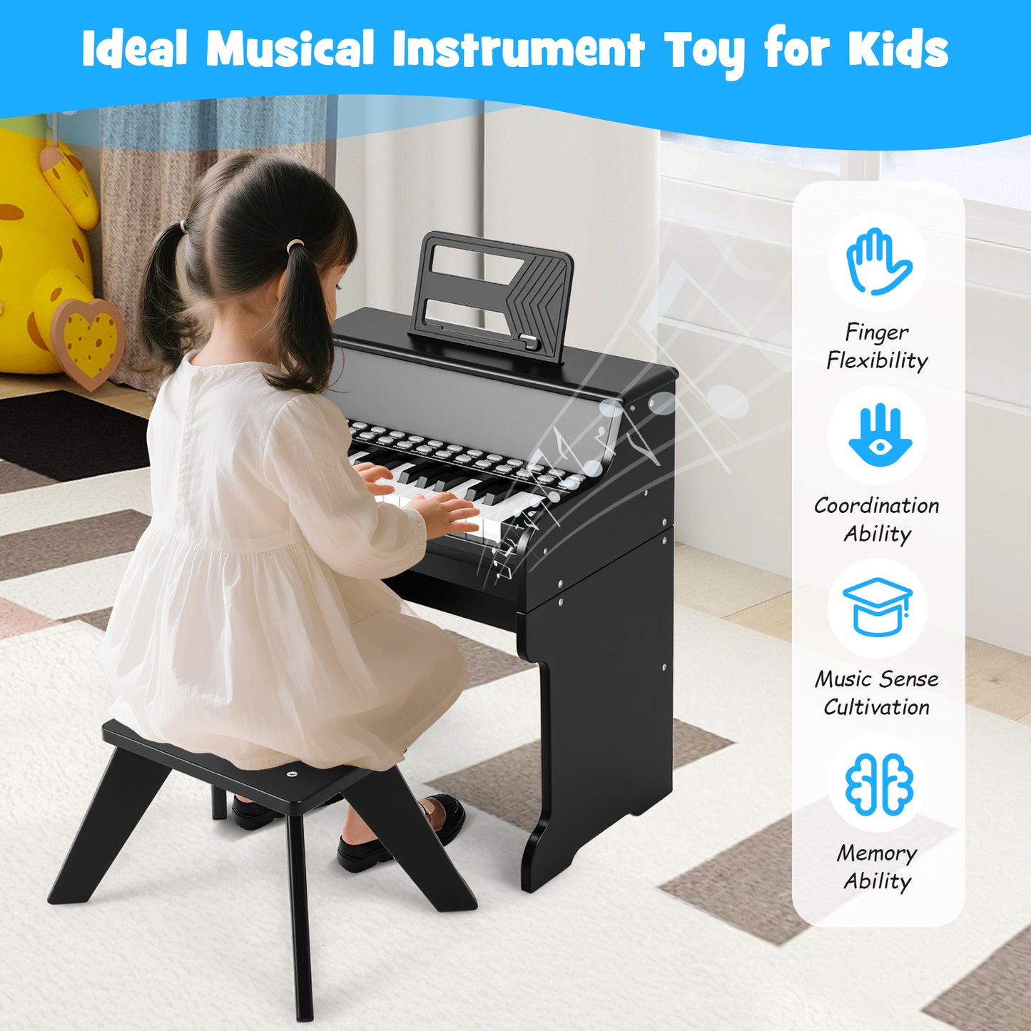 25 Keys Kids Piano Keyboard with Stool Mini Digital Piano Wooden Toy with Adjustable Speed and Volume, Black Pianos & Keyboards at Gallery Canada