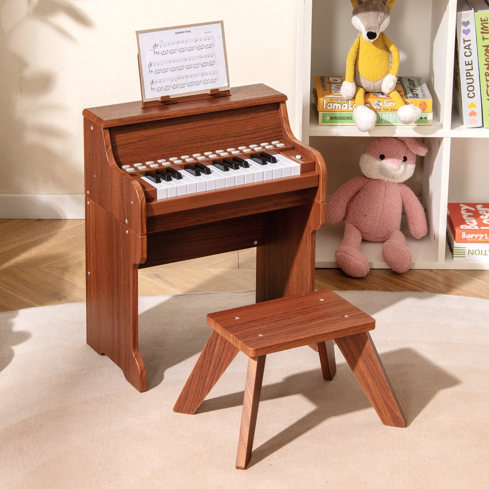 25 Keys Kids Piano Keyboard with Stool Mini Digital Piano Wooden Toy with Adjustable Speed and Volume, Brown Pianos & Keyboards at Gallery Canada