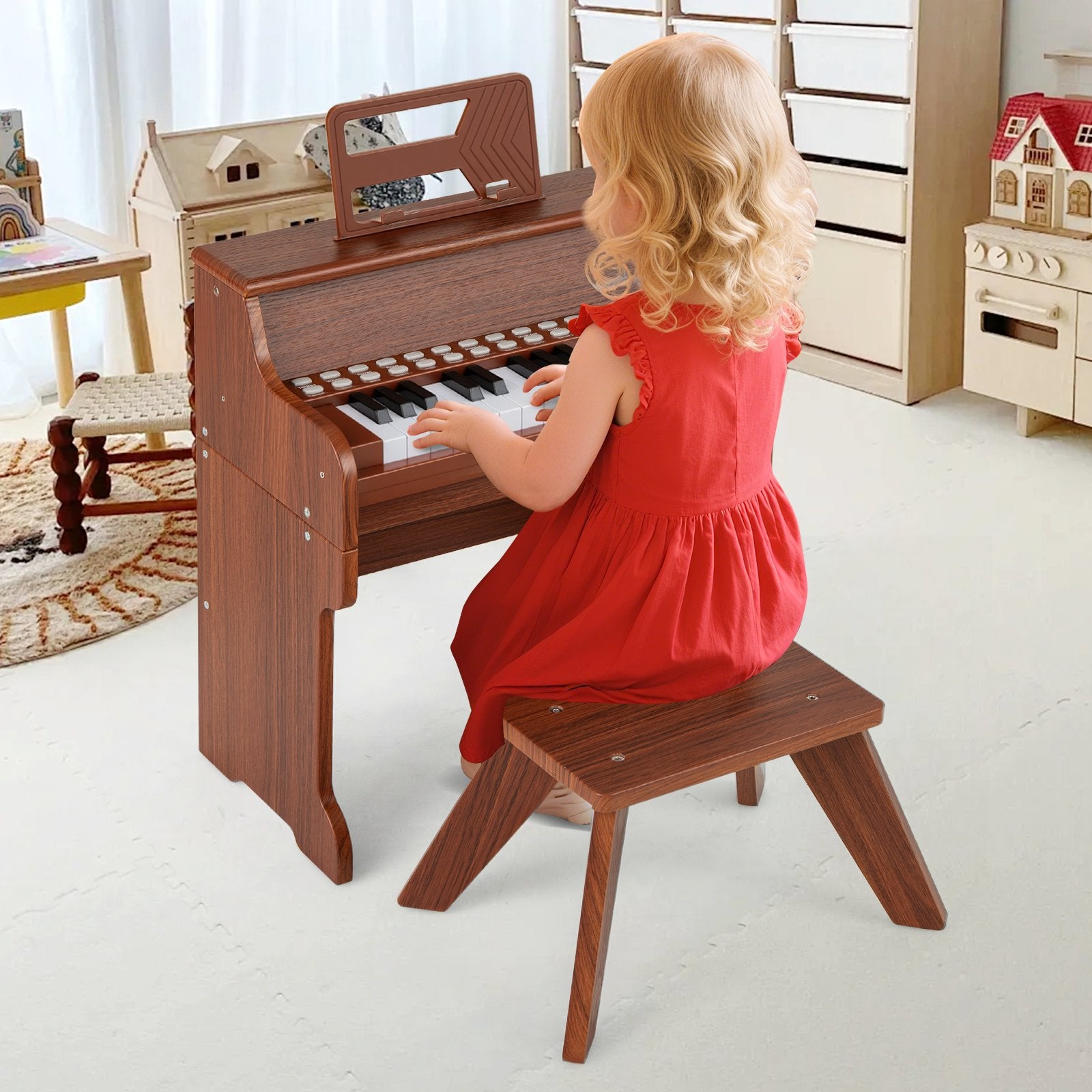 25 Keys Kids Piano Keyboard with Stool Mini Digital Piano Wooden Toy with Adjustable Speed and Volume, Brown Pianos & Keyboards at Gallery Canada