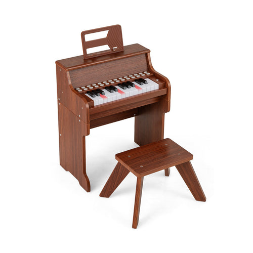 25 Keys Kids Piano Keyboard with Stool Mini Digital Piano Wooden Toy with Adjustable Speed and Volume, Brown