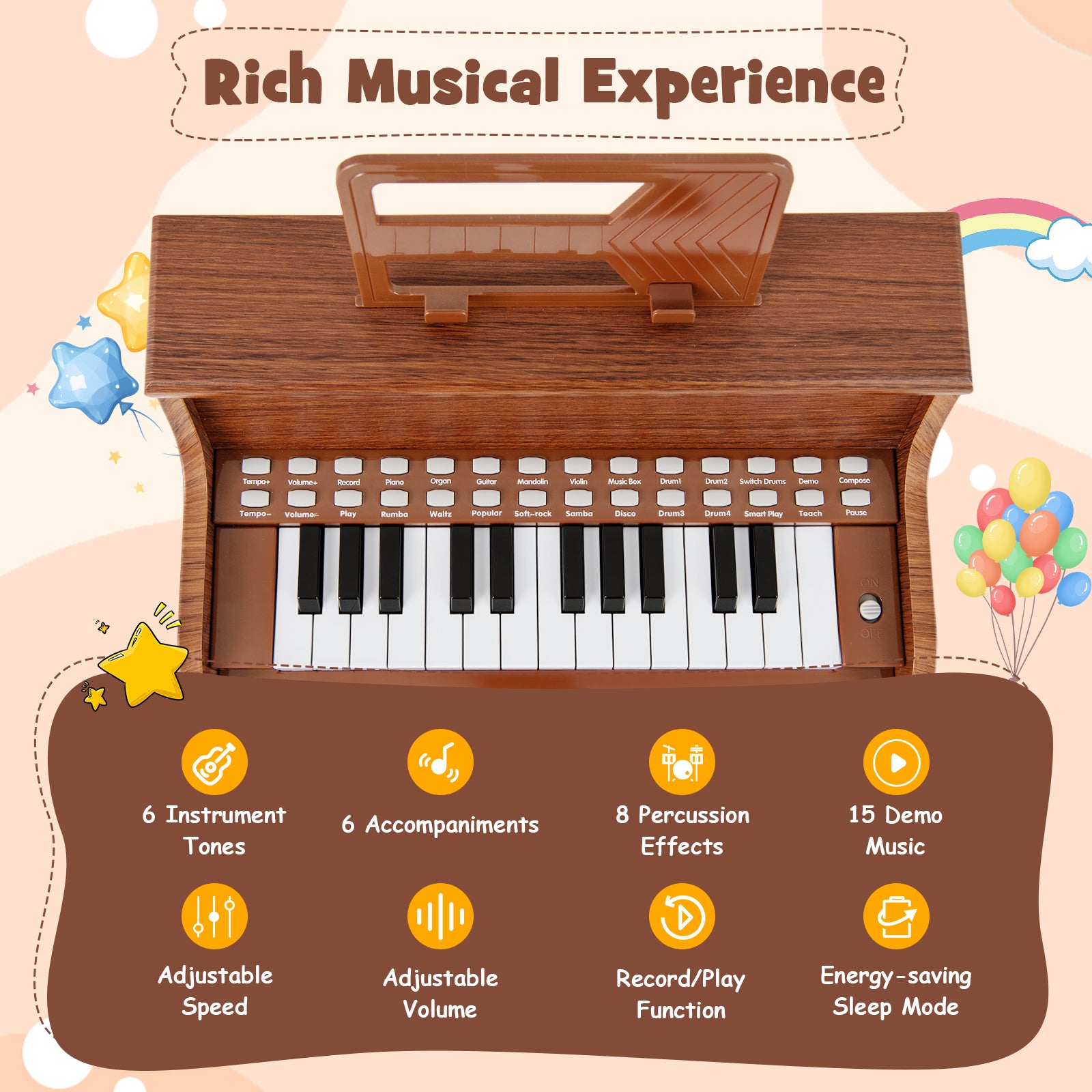 25 Keys Kids Piano Keyboard with Stool Mini Digital Piano Wooden Toy with Adjustable Speed and Volume, Brown Pianos & Keyboards at Gallery Canada