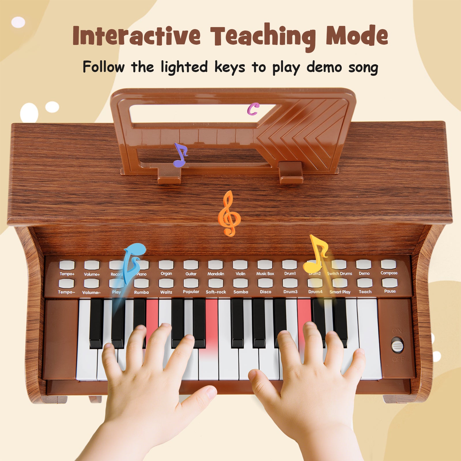25 Keys Kids Piano Keyboard with Stool Mini Digital Piano Wooden Toy with Adjustable Speed and Volume, Brown Pianos & Keyboards at Gallery Canada