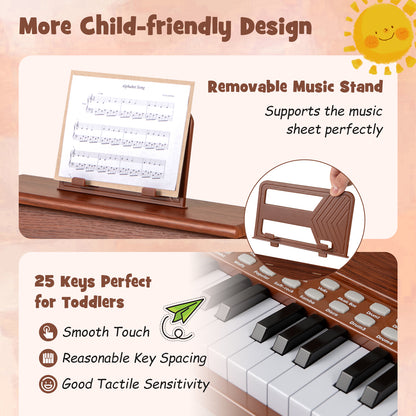 25 Keys Kids Piano Keyboard with Stool Mini Digital Piano Wooden Toy with Adjustable Speed and Volume, Brown Pianos & Keyboards at Gallery Canada