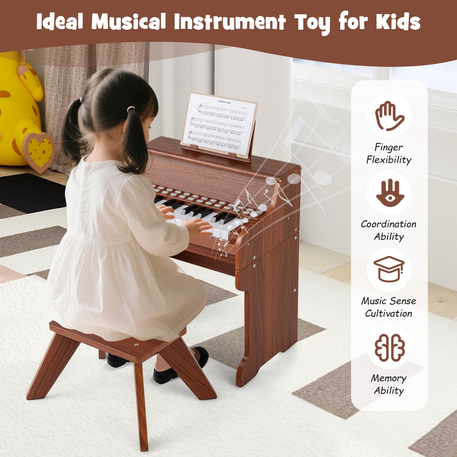 25 Keys Kids Piano Keyboard with Stool Mini Digital Piano Wooden Toy with Adjustable Speed and Volume, Brown Pianos & Keyboards at Gallery Canada