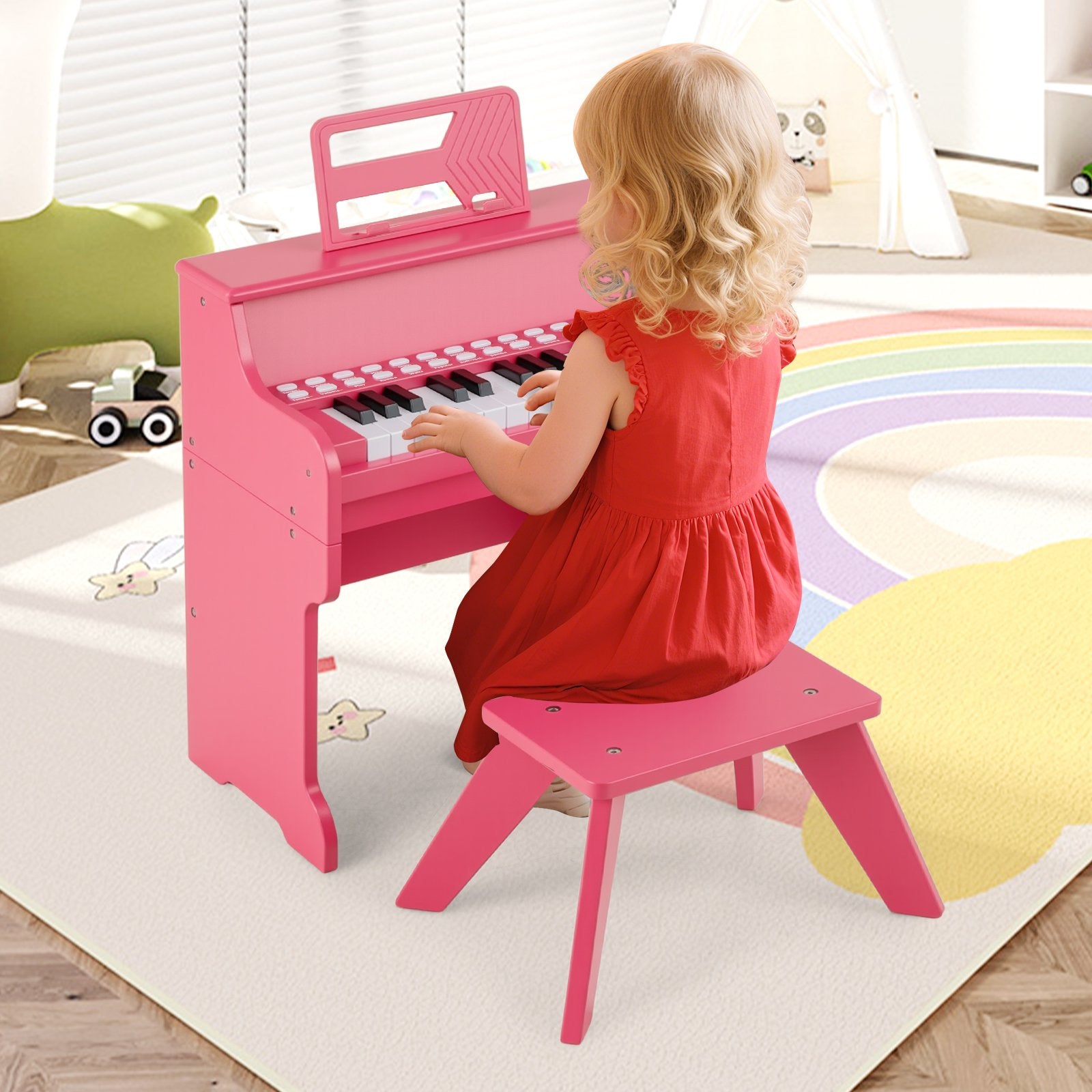 25 Keys Kids Piano Keyboard with Stool Mini Digital Piano Wooden Toy with Adjustable Speed and Volume, Pink Pianos & Keyboards at Gallery Canada