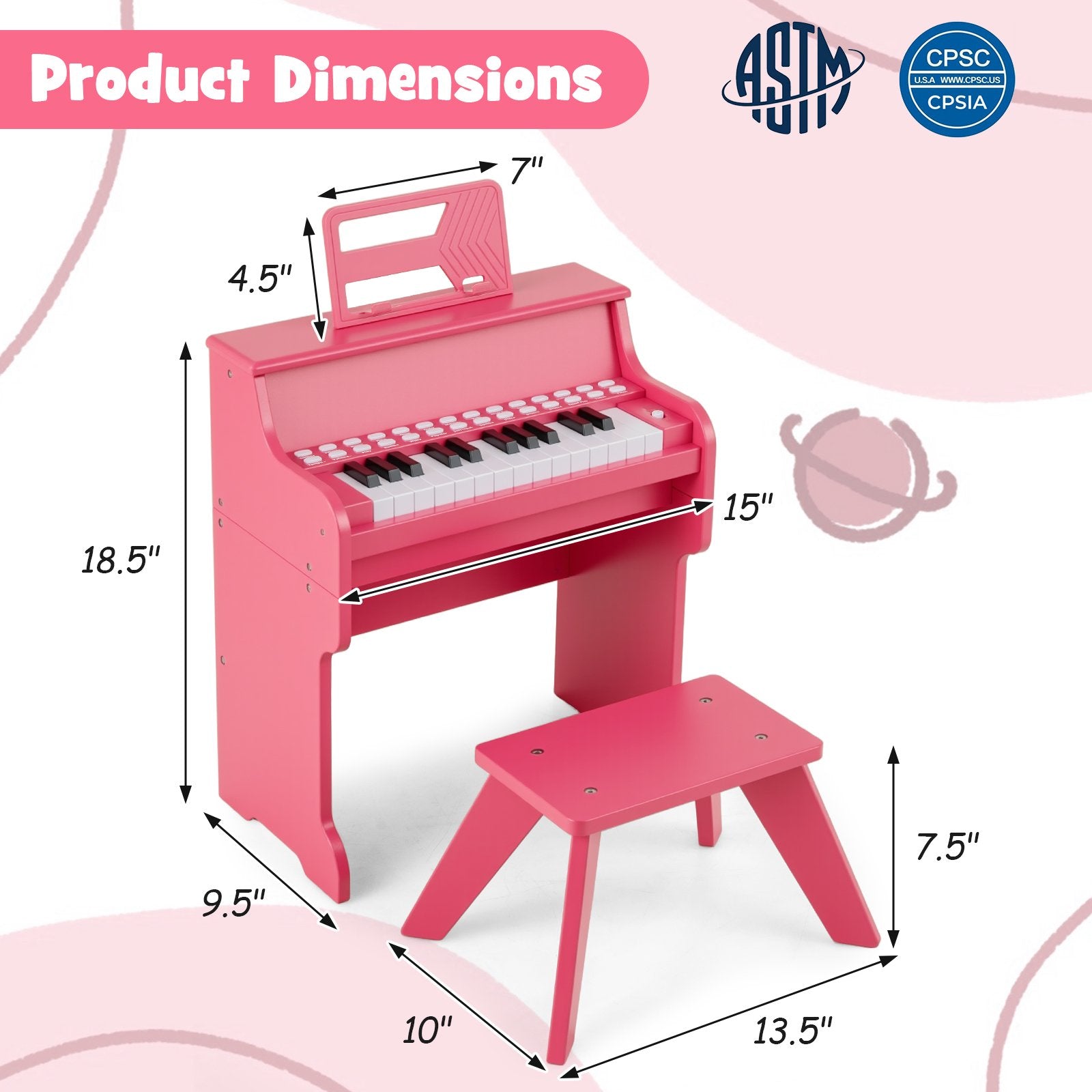 25 Keys Kids Piano Keyboard with Stool Mini Digital Piano Wooden Toy with Adjustable Speed and Volume, Pink Pianos & Keyboards at Gallery Canada