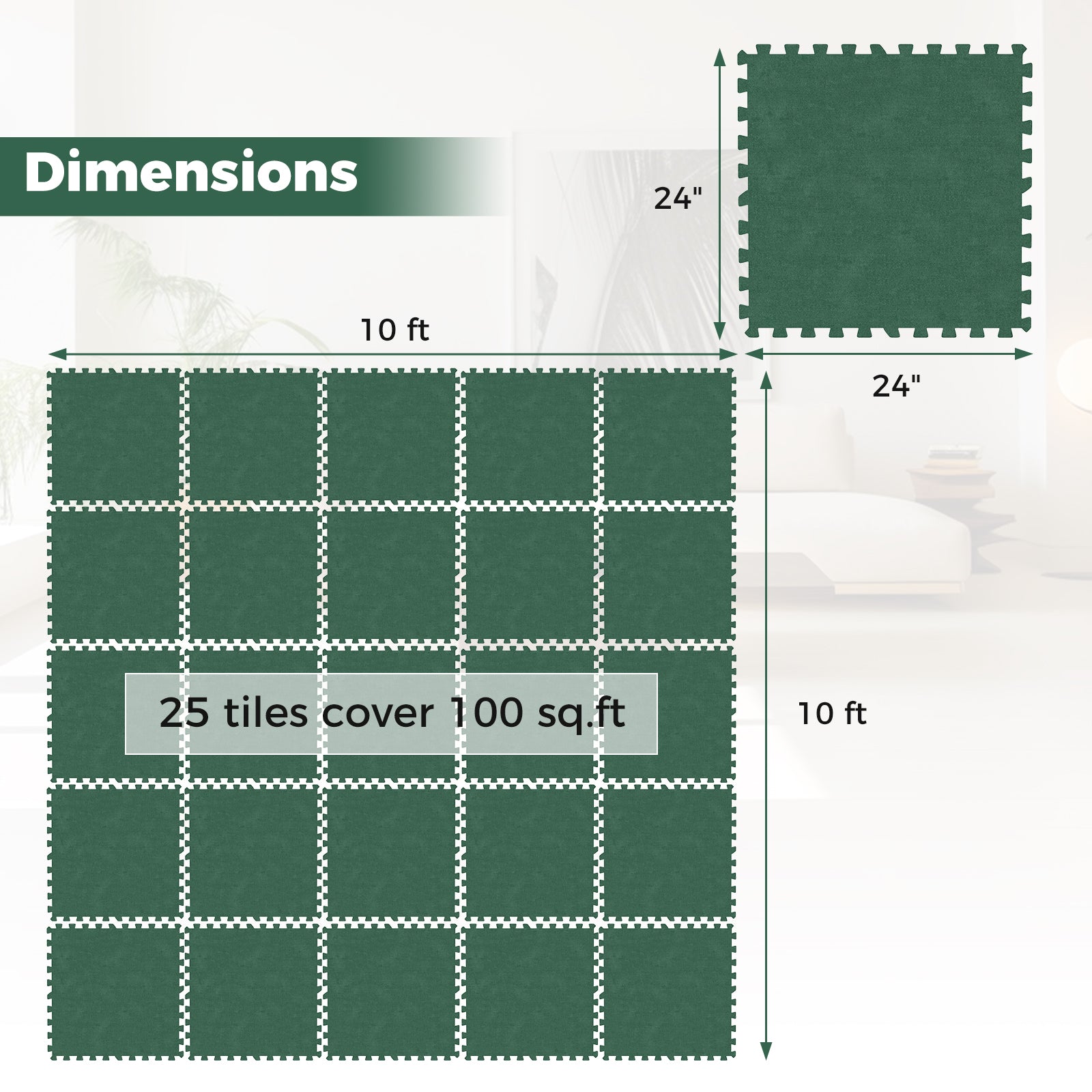 25 Pack-100 Sq.Ft. Foam Floor Tiles Interlocking Carpet Tiles with Edge Borders, Green Decorative Fencing & Flooring at Gallery Canada
