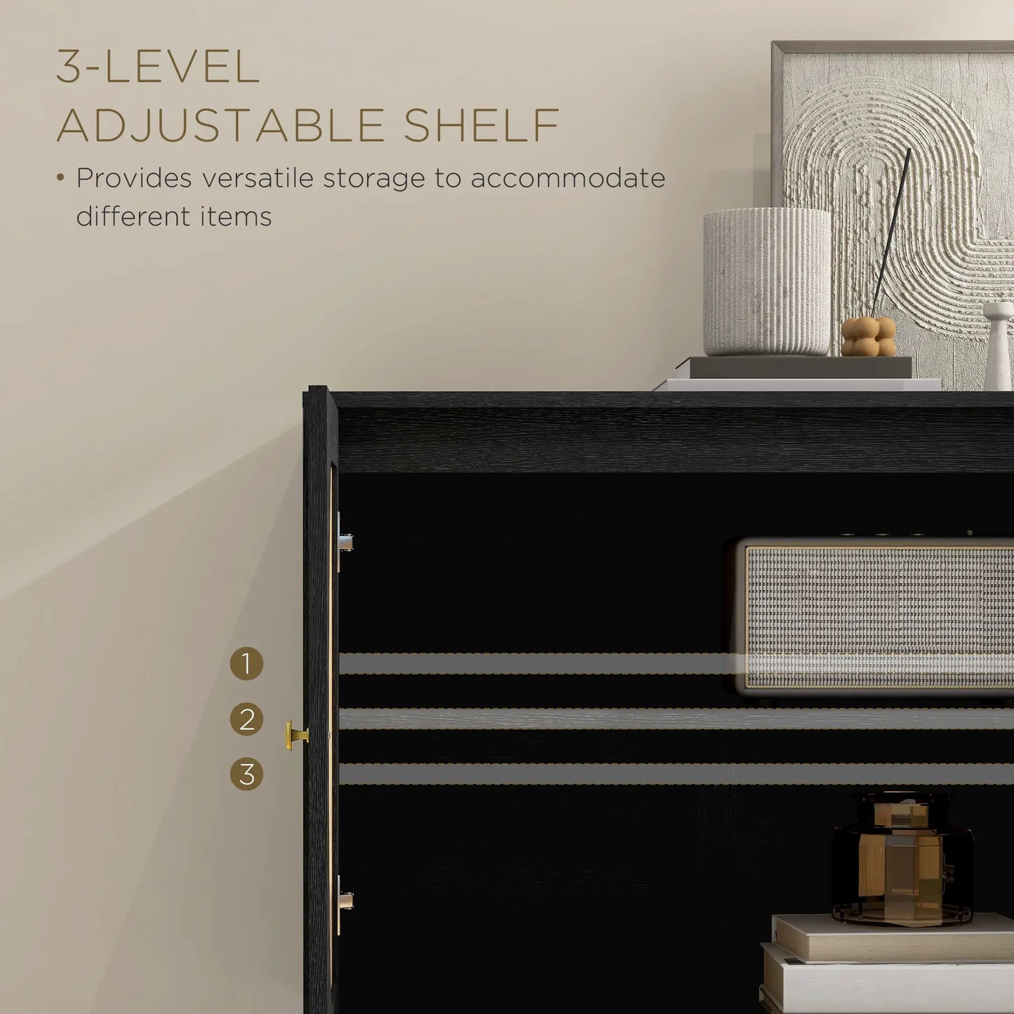 Boho Buffet Cabinet, Adjustable Shelf, Rattan Doors, 42 Inches, Black Kitchen Pantry Cabinets at Gallery Canada