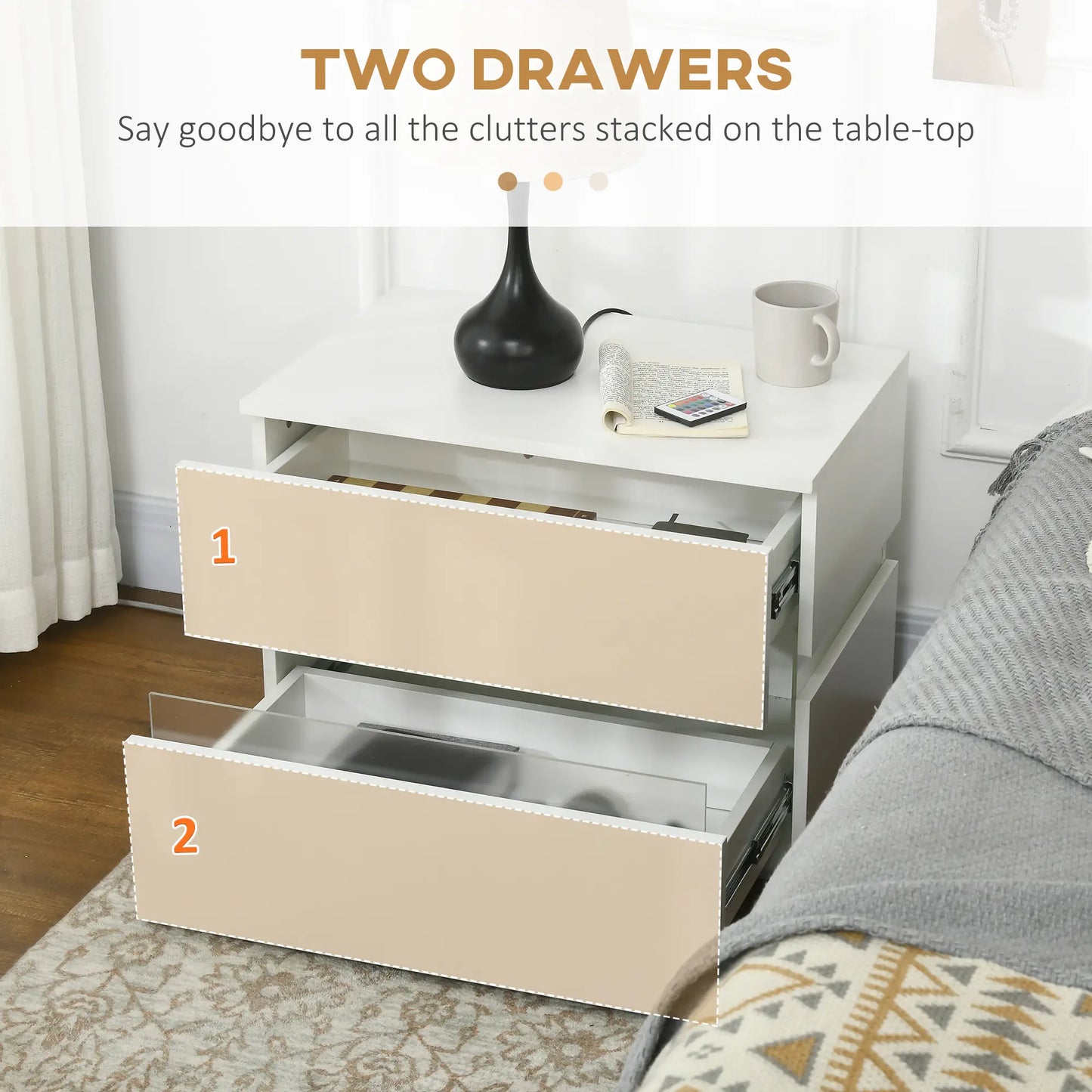 Modern Nightstand, 2 Drawers, USB RGB LED Lights, Remote, White Bedside Tables at Gallery Canada