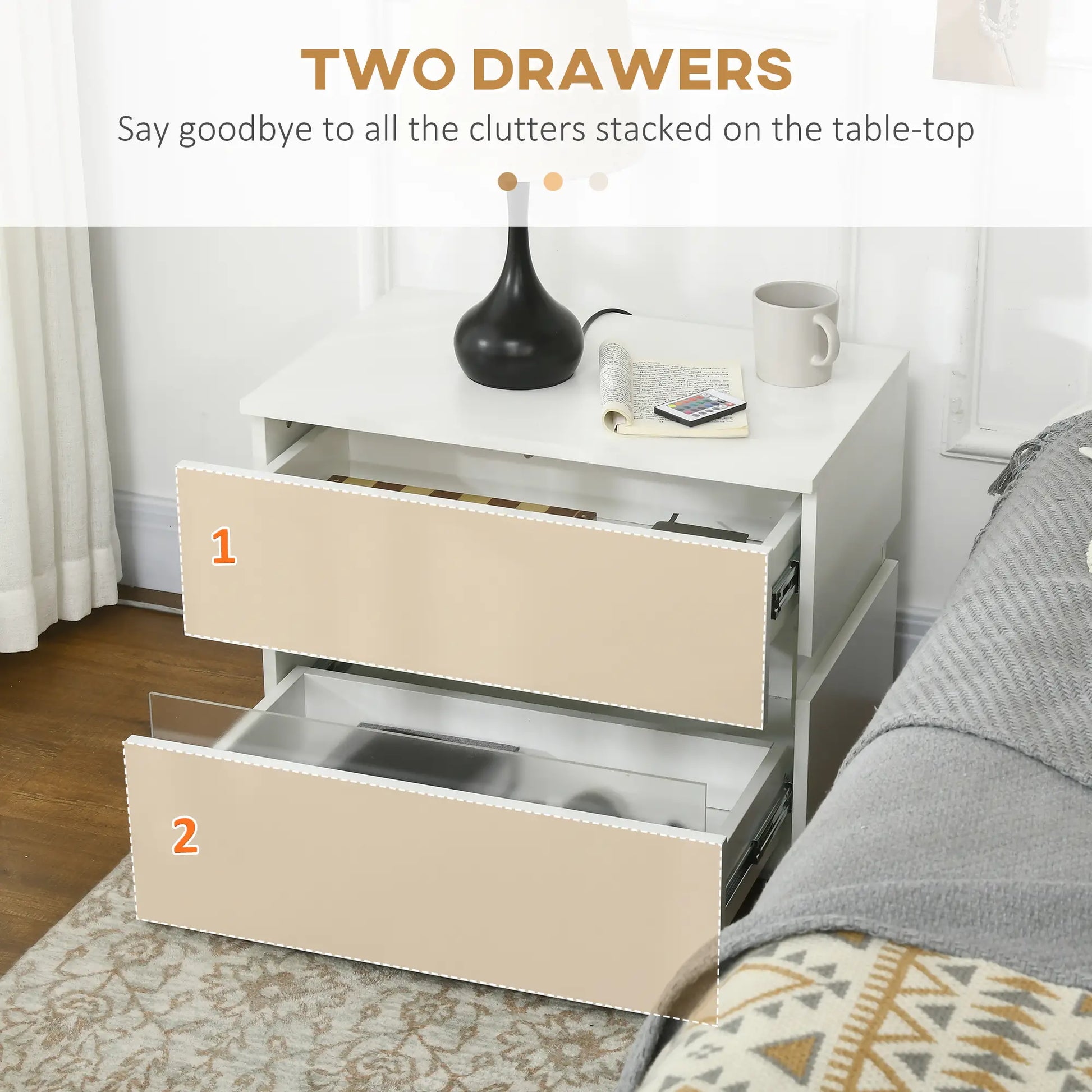 Modern Nightstand, 2 Drawers, USB RGB LED Lights, Remote, White Bedside Tables at Gallery Canada
