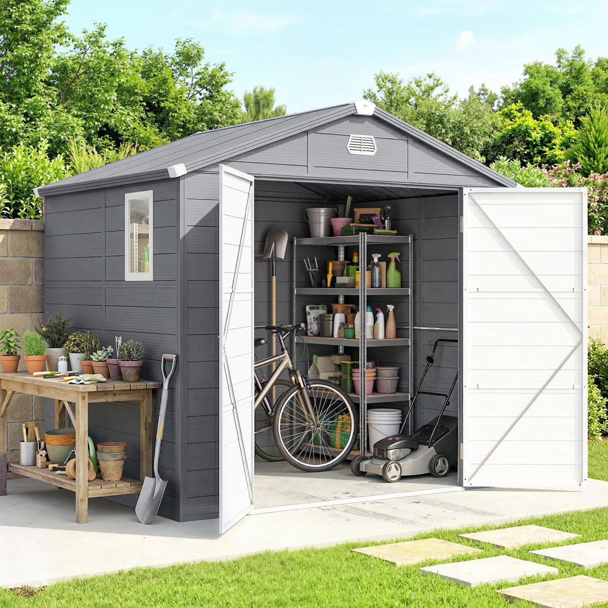 Small Garden Shed, Latch Door, Vents, Sloped Roof, 8x6, Light Grey Sheds at Gallery Canada