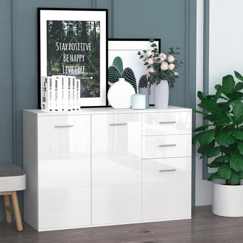 High Gloss Sideboard, 2 Drawers, 3 Doors, Adjustable Shelf, White