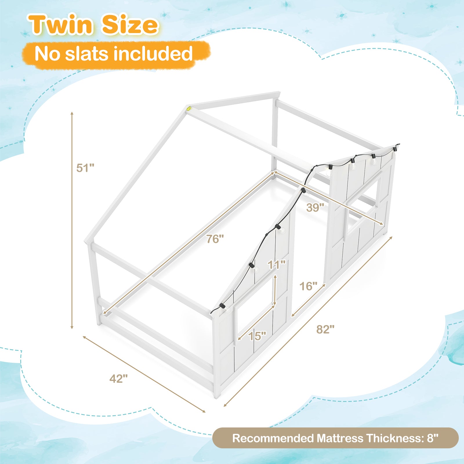 Twin Size House Bed with LED Lights Montessori Slat-free Floor Bed, White Toddler Beds at Gallery Canada
