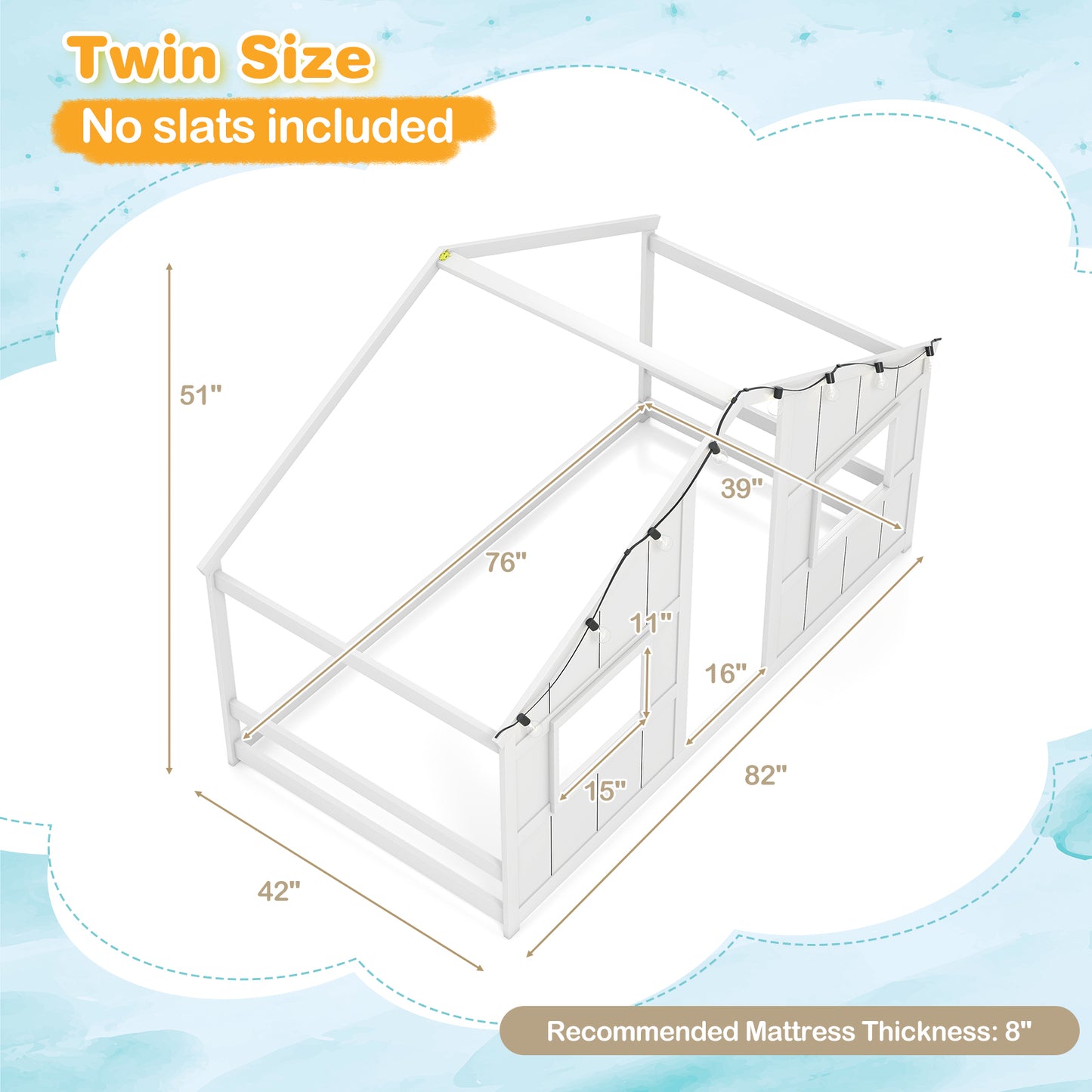 Twin Size House Bed with LED Lights Montessori Slat-free Floor Bed, White Toddler Beds at Gallery Canada