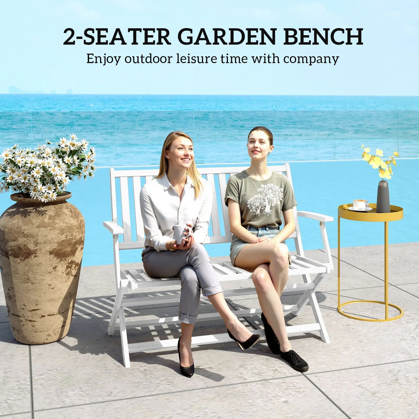 46.5" Foldable Wood Outdoor Bench, Backrest and Armrests, White Patio Chairs at Gallery Canada