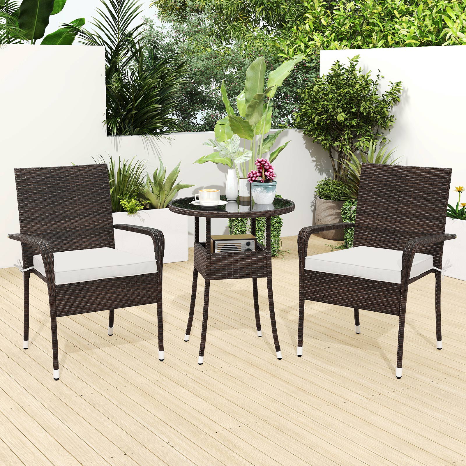 3-Piece Patio Furniture Set PE Rattan Wicker Chairs with Tempered Glass Top Table, White Patio Conversation Sets at Gallery Canada