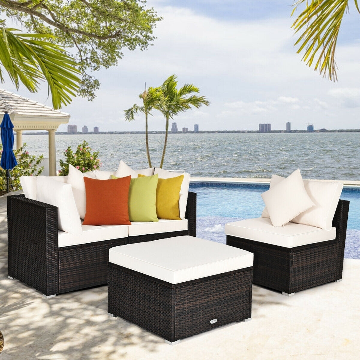 4 Pcs Ottoman Garden Deck Patio Rattan Wicker Furniture Set Cushioned Sofa, White Outdoor Sectionals at Gallery Canada