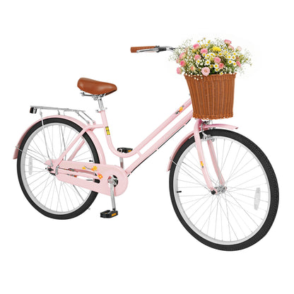 26 Inch Beach Cruiser Bike for Women with Woven Basket and Rear Rack - Pink, Pink Kids Bike Pink at Gallery Canada