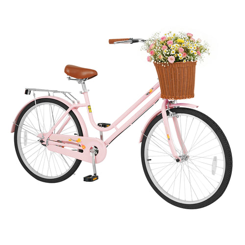 26 Inch Beach Cruiser Bike for Women with Woven Basket and Rear Rack - Pink, Pink