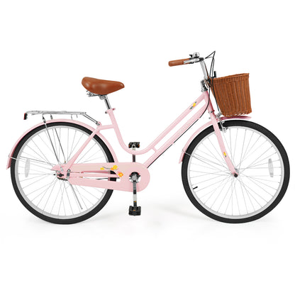 26 Inch Beach Cruiser Bike for Women with Woven Basket and Rear Rack - Pink, Pink Kids Bike at Gallery Canada