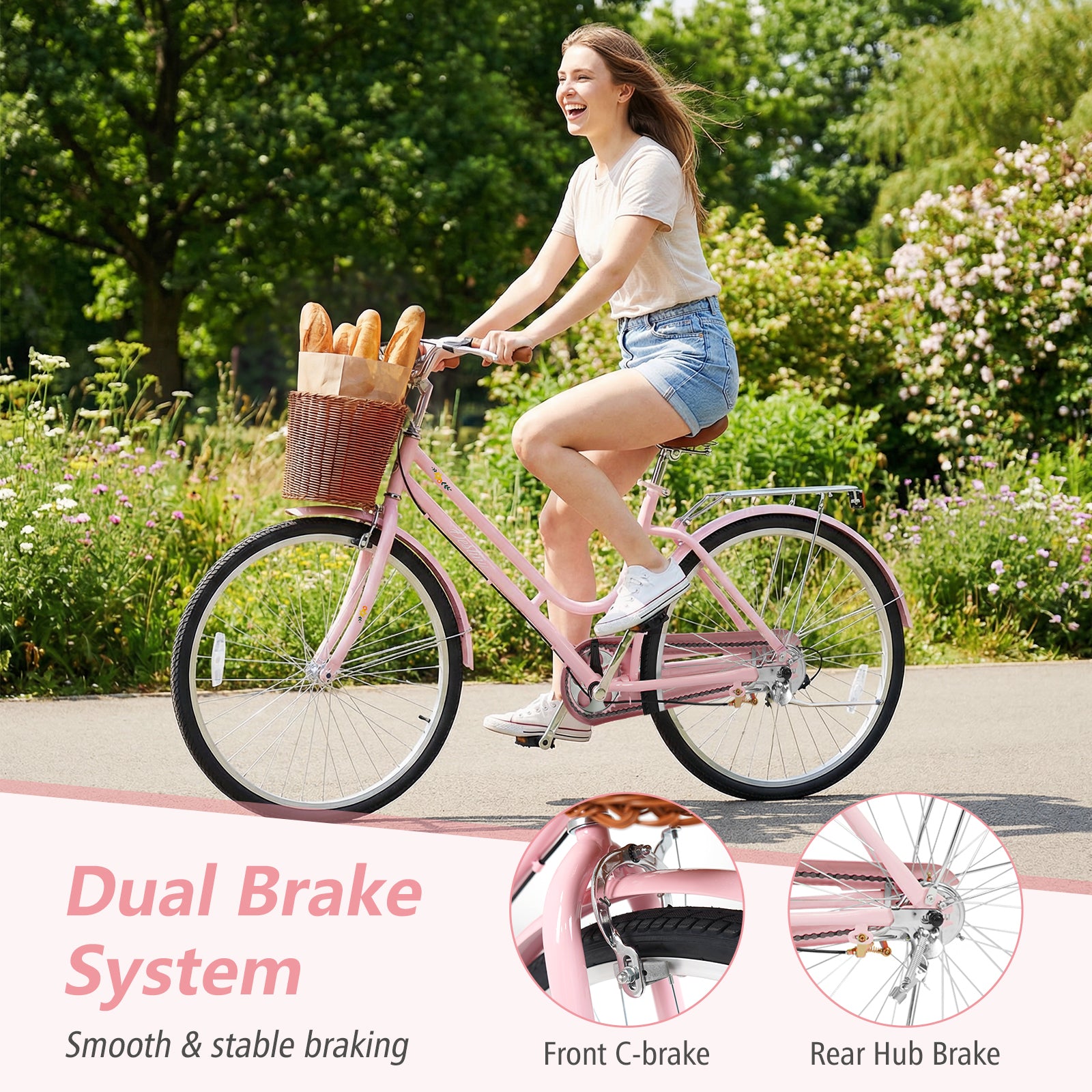 26 Inch Beach Cruiser Bike for Women with Woven Basket and Rear Rack - Pink, Pink Kids Bike at Gallery Canada