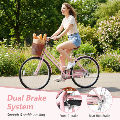 26 Inch Beach Cruiser Bike for Women with Woven Basket and Rear Rack - Pink, Pink Kids Bike at Gallery Canada