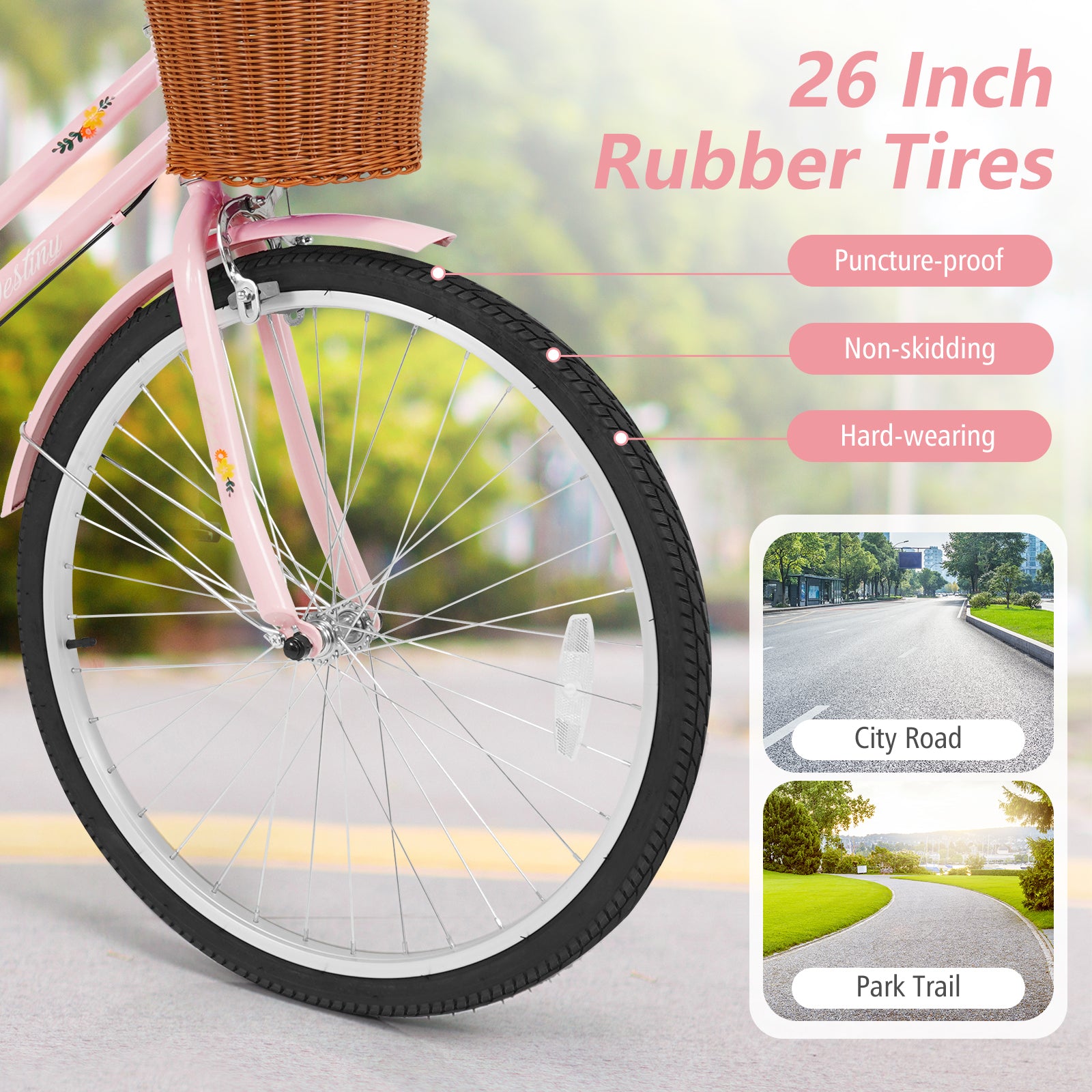 26 Inch Beach Cruiser Bike for Women with Woven Basket and Rear Rack - Pink, Pink Kids Bike at Gallery Canada