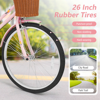 26 Inch Beach Cruiser Bike for Women with Woven Basket and Rear Rack - Pink, Pink Kids Bike at Gallery Canada