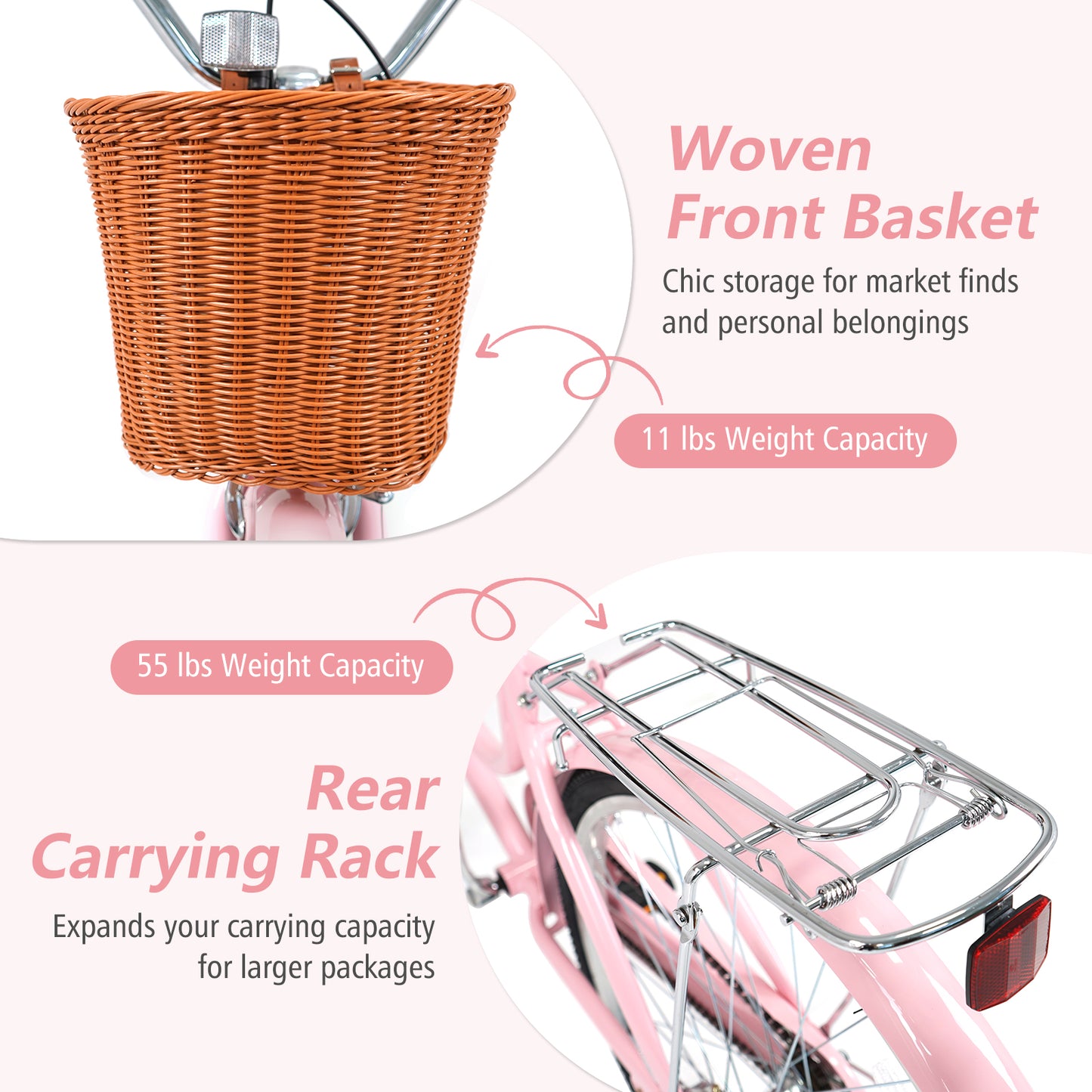 26 Inch Beach Cruiser Bike for Women with Woven Basket and Rear Rack - Pink, Pink Kids Bike at Gallery Canada
