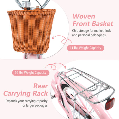 26 Inch Beach Cruiser Bike for Women with Woven Basket and Rear Rack - Pink, Pink Kids Bike at Gallery Canada
