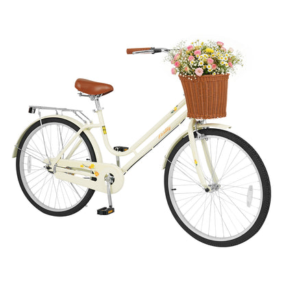 26 Inch Beach Cruiser Bike for Women with Woven Basket and Rear Rack - Beige, Beige Kids Bike at Gallery Canada