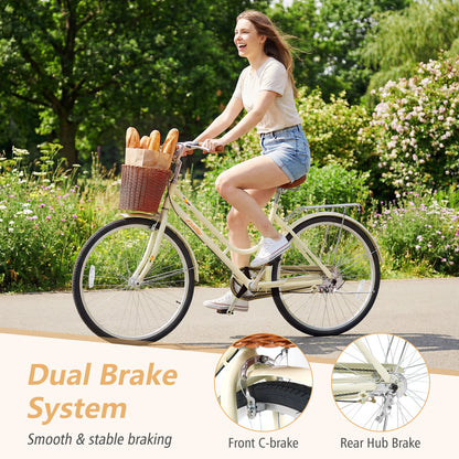 26 Inch Beach Cruiser Bike for Women with Woven Basket and Rear Rack - Beige, Beige Kids Bike at Gallery Canada