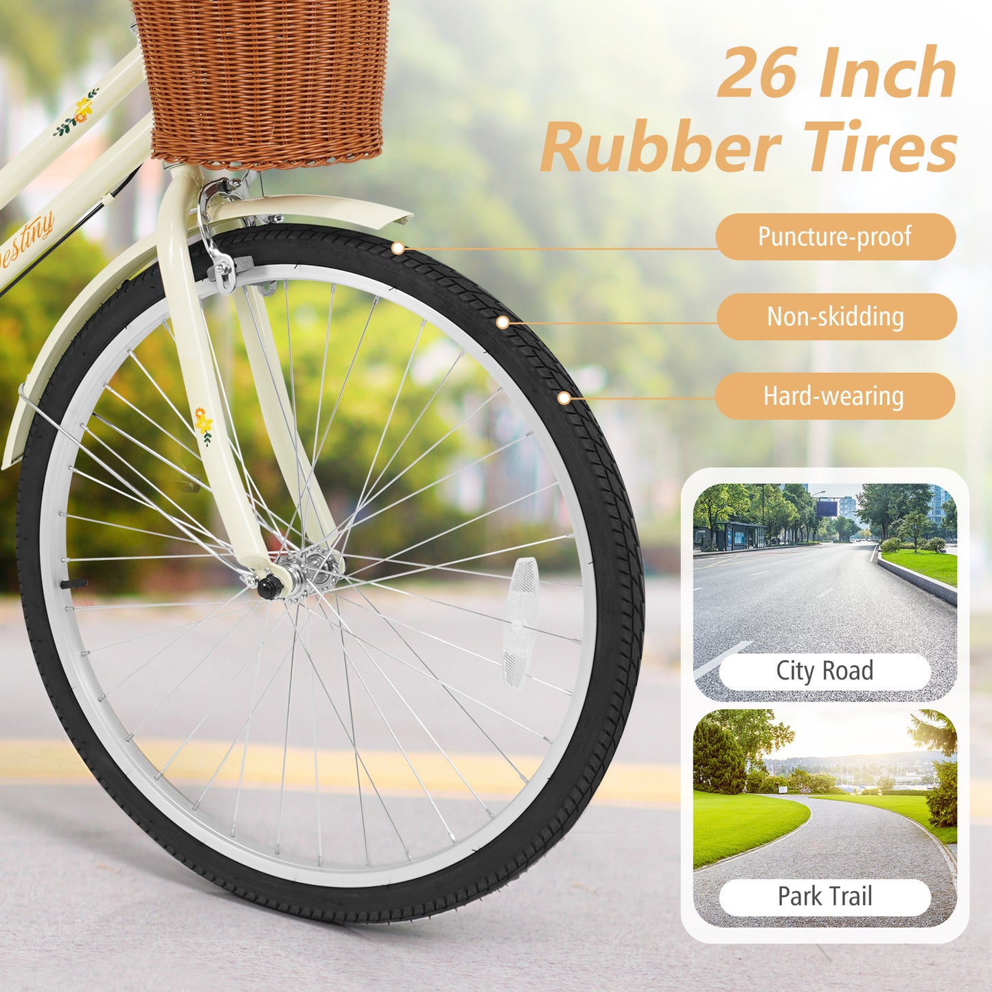 26 Inch Beach Cruiser Bike for Women with Woven Basket and Rear Rack - Beige, Beige Kids Bike at Gallery Canada