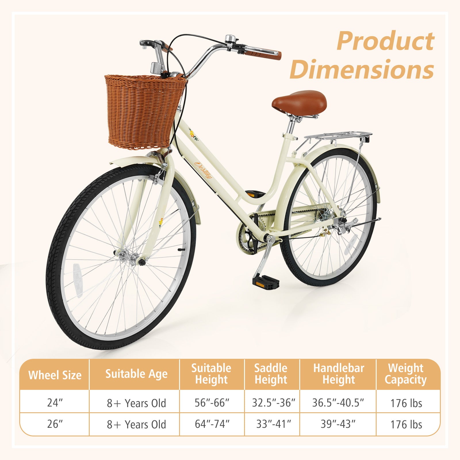 26 Inch Beach Cruiser Bike for Women with Woven Basket and Rear Rack - Beige, Beige Kids Bike at Gallery Canada