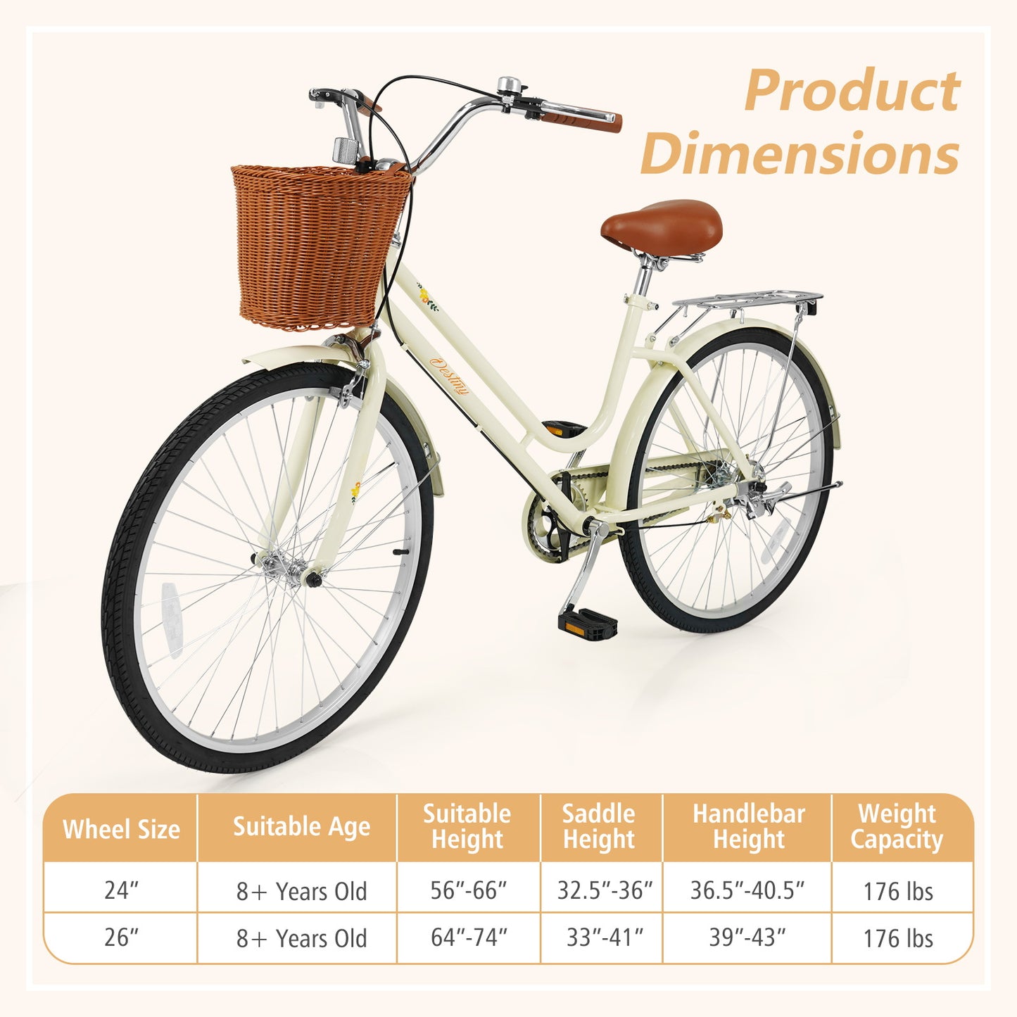 26 Inch Beach Cruiser Bike for Women with Woven Basket and Rear Rack - Beige, Beige Kids Bike at Gallery Canada