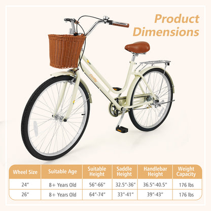 26 Inch Beach Cruiser Bike for Women with Woven Basket and Rear Rack - Beige, Beige Kids Bike at Gallery Canada