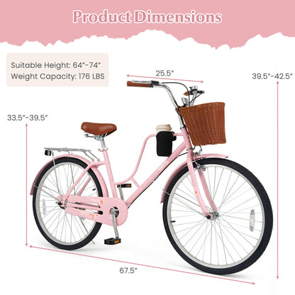 26-Inch Beach Cruiser Bike with Cup Holder and Woven Basket - Pink, Pink Kids Bike at Gallery Canada