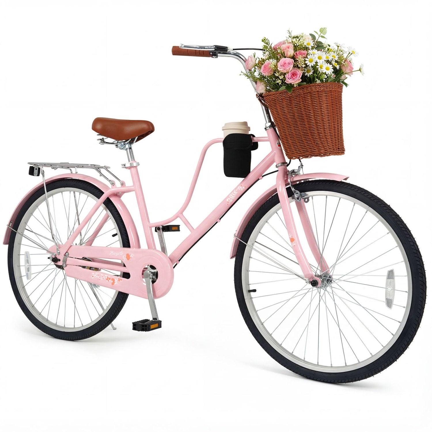 26-Inch Beach Cruiser Bike with Cup Holder and Woven Basket - Pink, Pink Kids Bike Pink at Gallery Canada