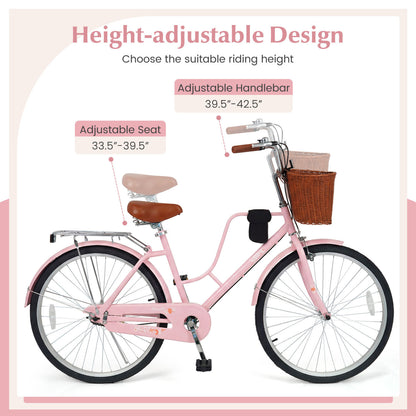 26-Inch Beach Cruiser Bike with Cup Holder and Woven Basket - Pink, Pink Kids Bike at Gallery Canada