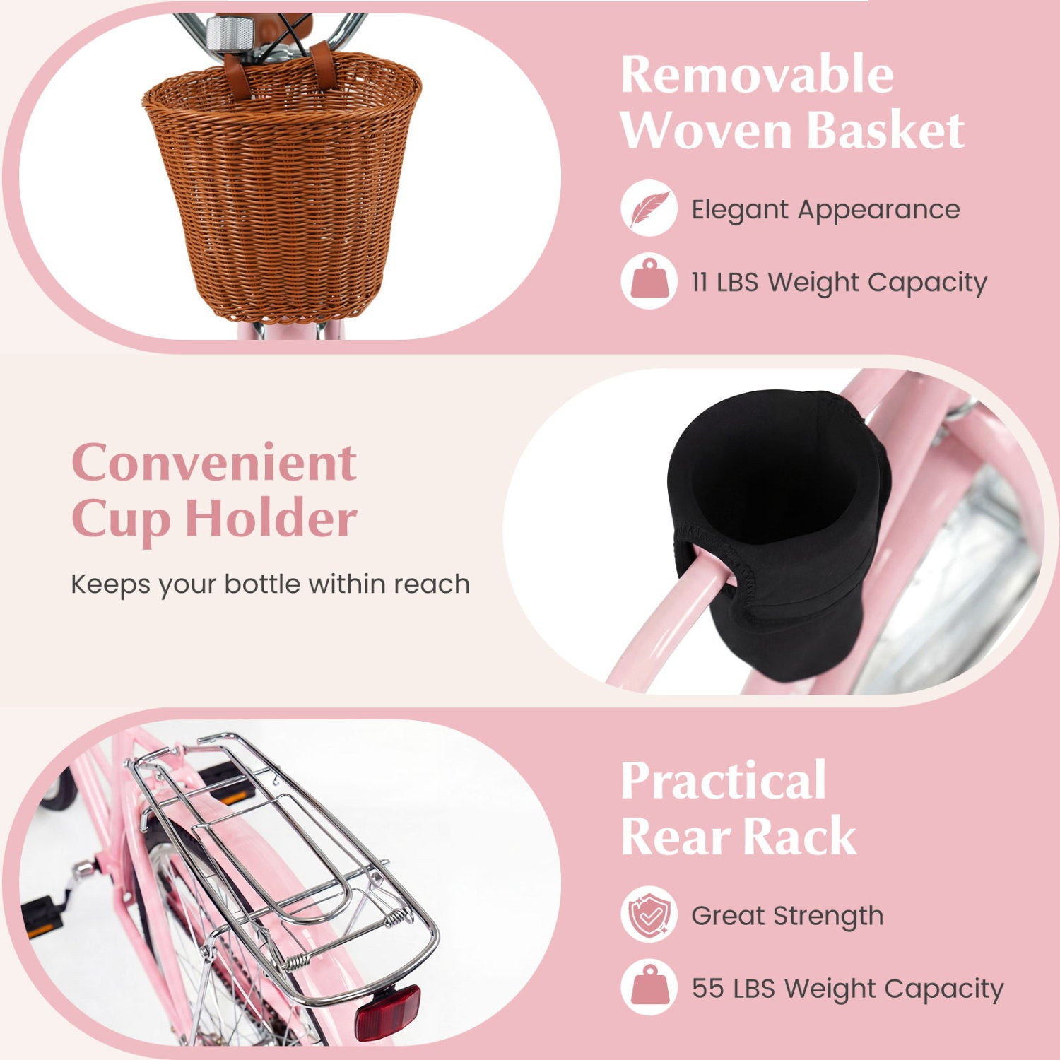 26-Inch Beach Cruiser Bike with Cup Holder and Woven Basket - Pink, Pink Kids Bike at Gallery Canada