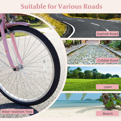 26-Inch Beach Cruiser Bike with Cup Holder and Woven Basket - Pink, Pink Kids Bike at Gallery Canada